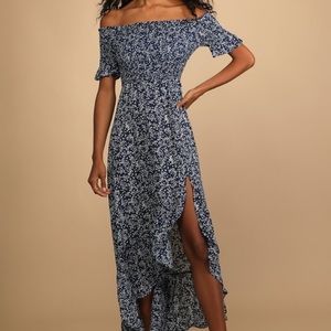 Lulu’s Fleur-tation Navy Blue Floral Print Off-the-Shoulder Midi Dress
